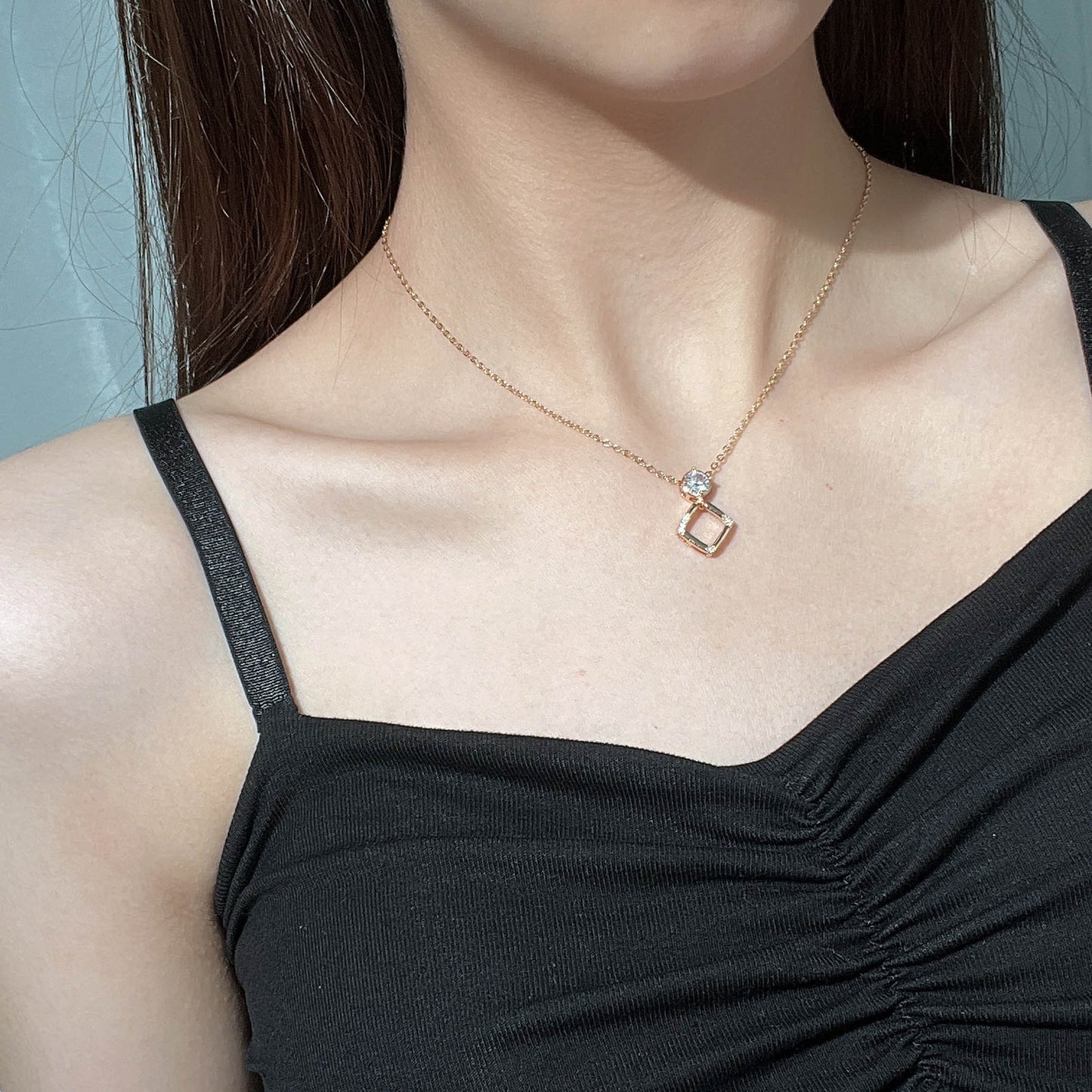 Hollow Square with Round Zircon Pendant Silver Necklace for Women