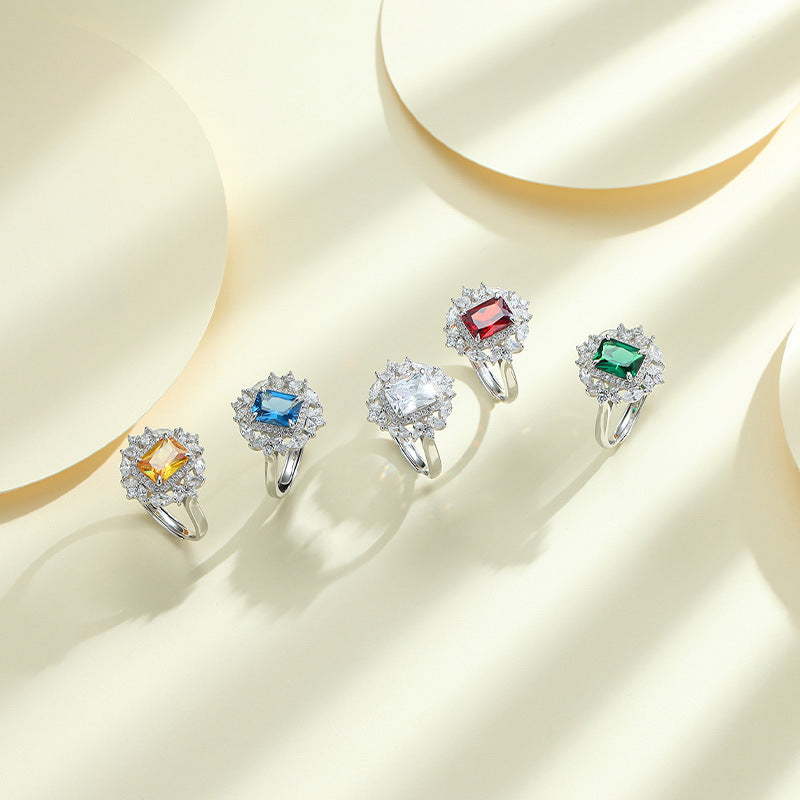 Colourful Radiant Cut Zircon Soleste Halo Flower Silver Ring for Women