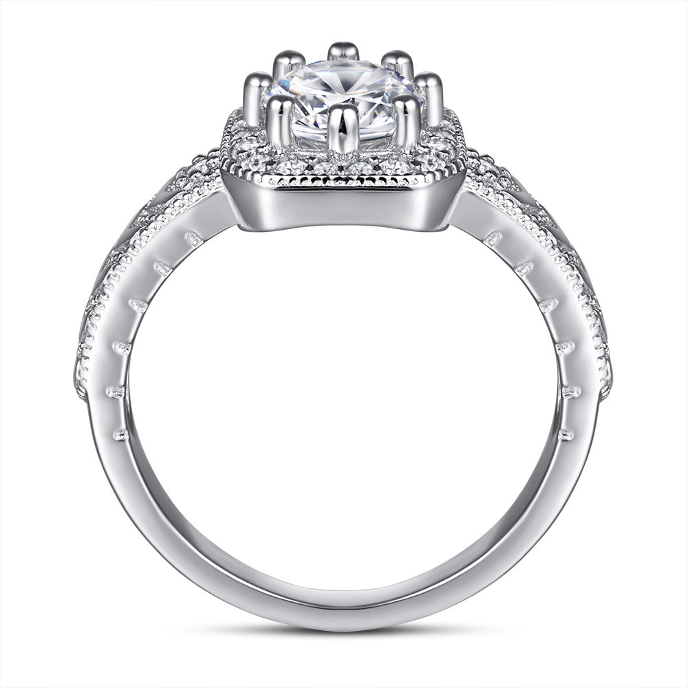4A Round Zircon Soleste Halo Cathedral Silver Ring for Women