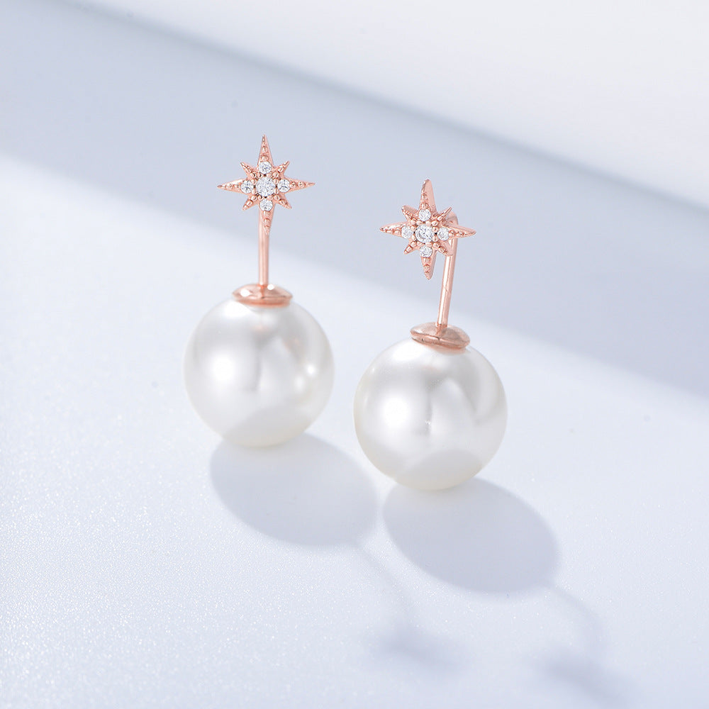 Ball Pearl with Star Zircon Silver Drop Earrings for Women