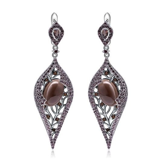 Italian Craft Vintage Style Inlaid Natural Crystal Creative Leaf Silver Drop Earrings for Women