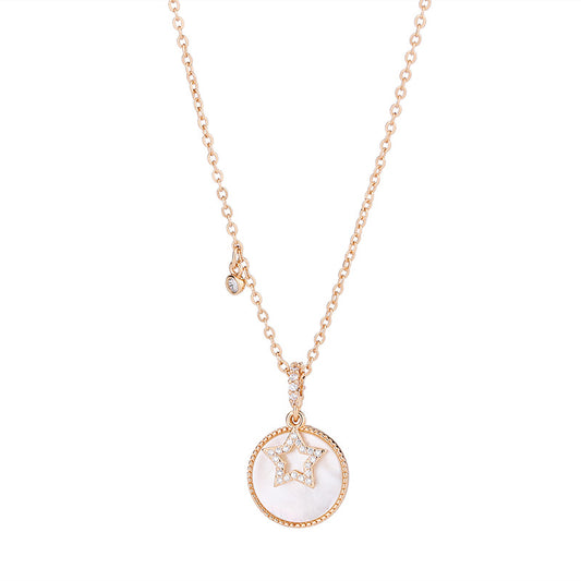Mother of Pearl Circle with Zircon Star Pendant Silver Necklace for Women