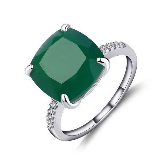 European Natural Green Agate Square Four Prongs Solitaire Sterling Silver Ring for Women