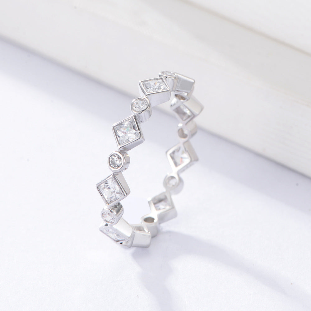 Round and Rhombus Shape Zircon Sterling Silver Eternity Ring for Women