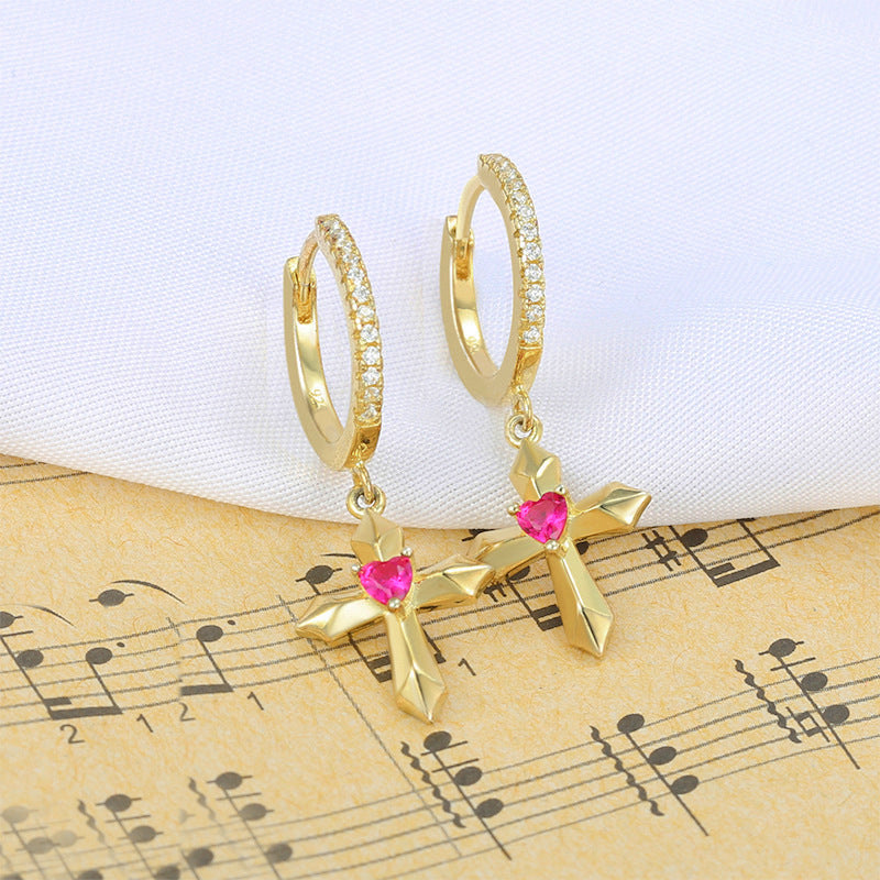 Cross with Red Corundum Silver Hoop Earrings for Women