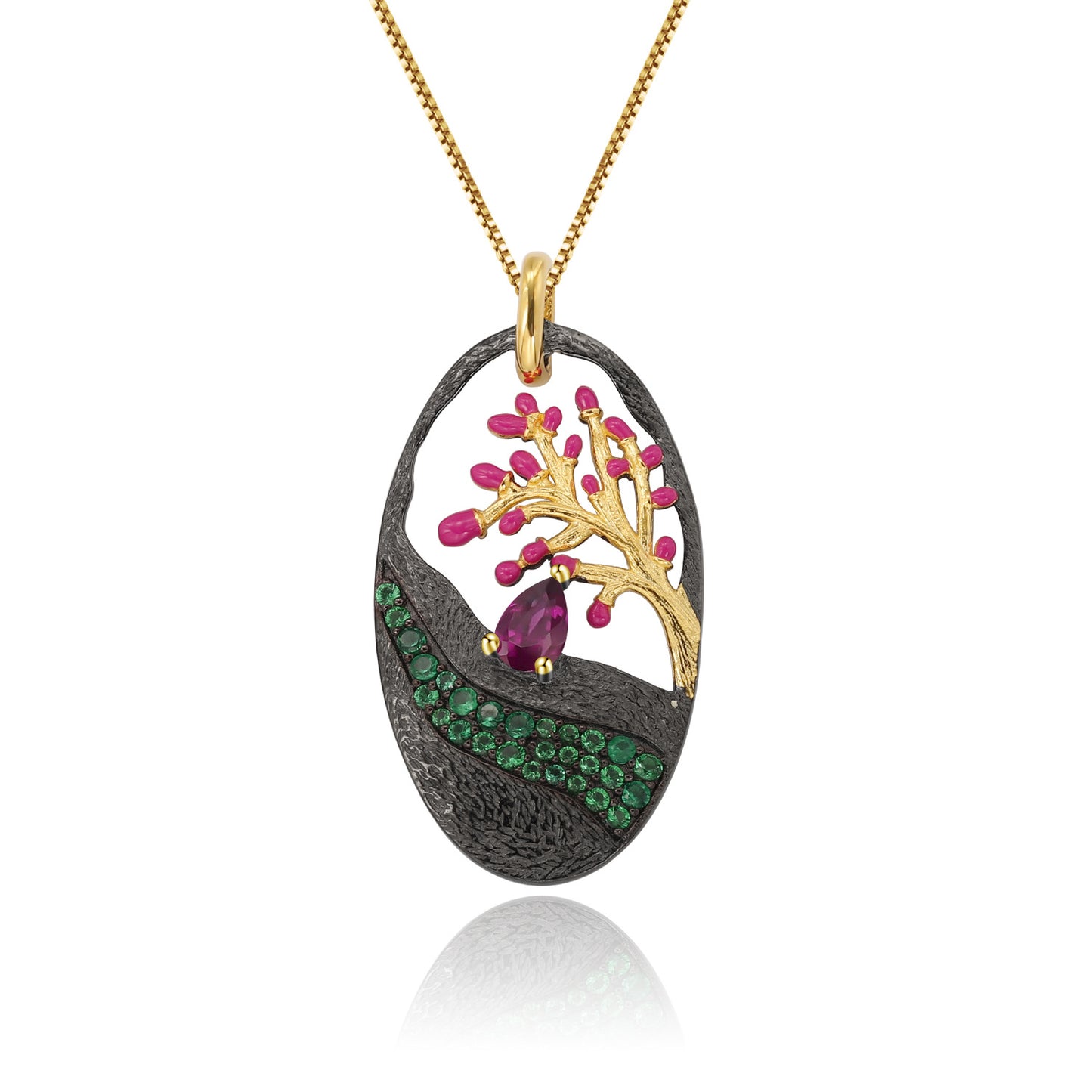 Italian Crafts Design Inlaid Natural Colourful Gemstone Enamel Tree of Life Pendant Sterling Silver Necklace for Women