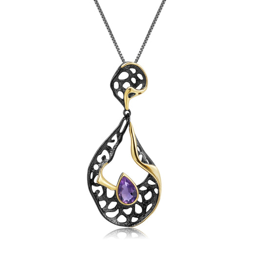 Italian Retro High Sense Design Inlaid Colourful Gemstone Water Droplet Pendant Silver Necklace for Women