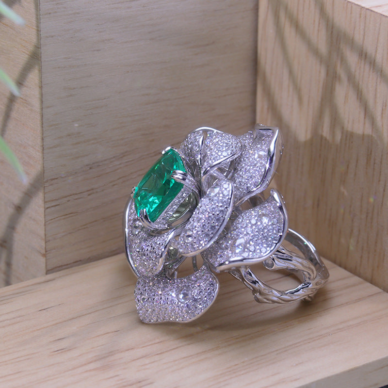 Lab-Created Emerald 10*10mm Square Ice Cut Luxurious Flower Silver Ring for Women
