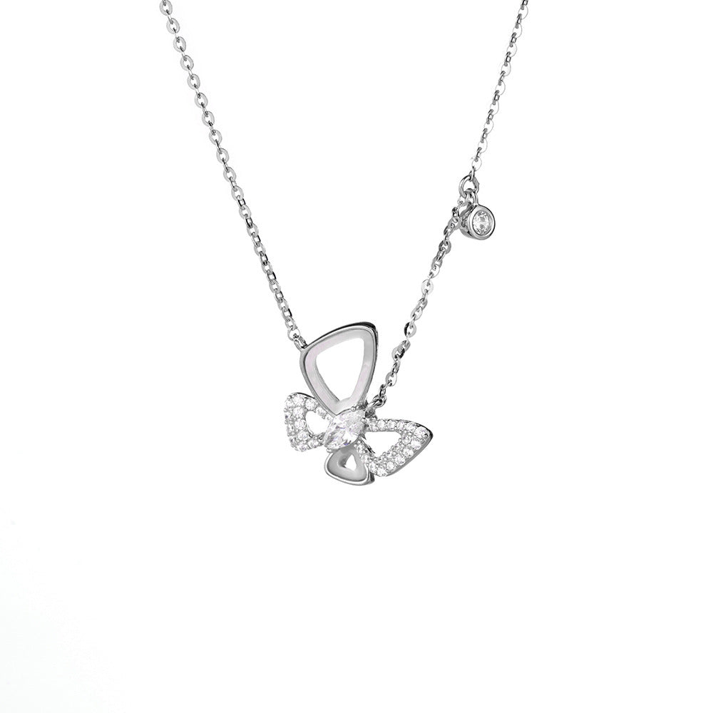 (Two Colours) White Zircon Sweet Bowknot Pendants 925 Silver Collarbone Necklace for Women