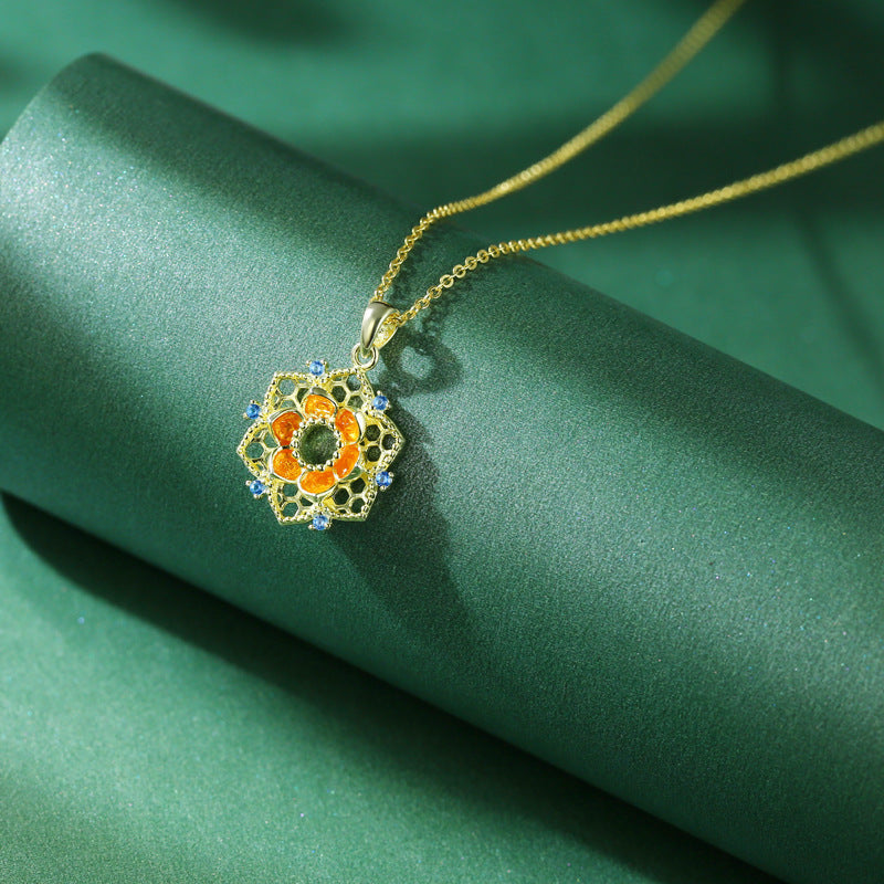 Lotus Pattern Series Blue Zircon Enamel Hollow Flower Pendant Silver Necklace for Women