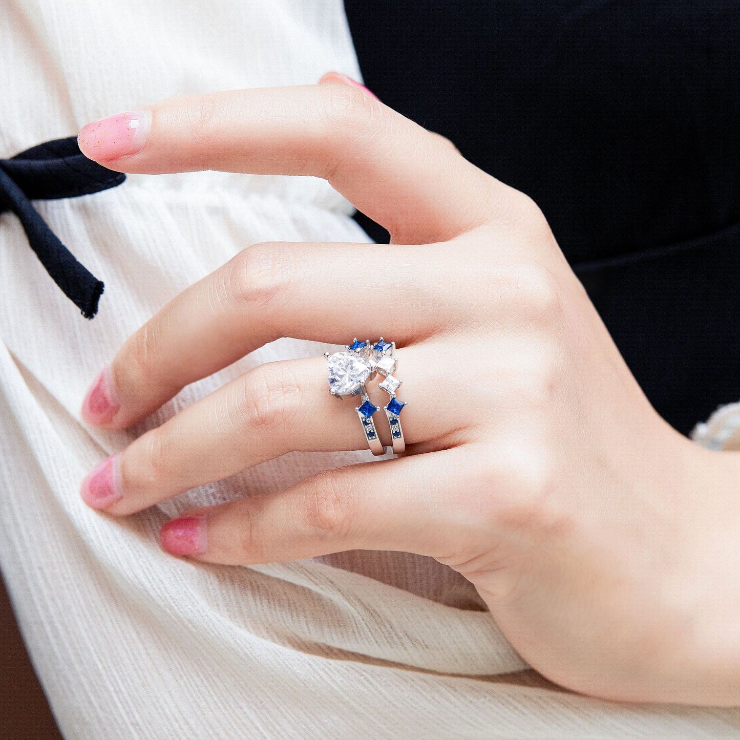 Heart-shaped Zircon with Square Blue Zircon Silver Ring Set for Women