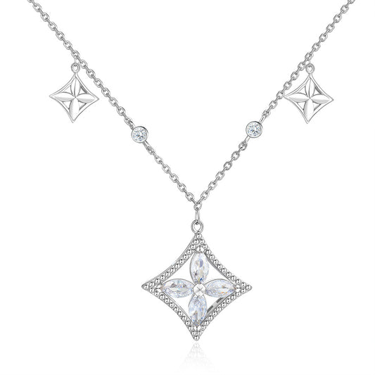Marquise Zircon Flower Rhombus Pendant Silver Necklace for Women