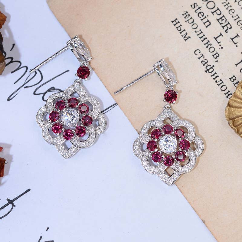 Lab-Created Ruby Flower Silver Drop Earrings for Women