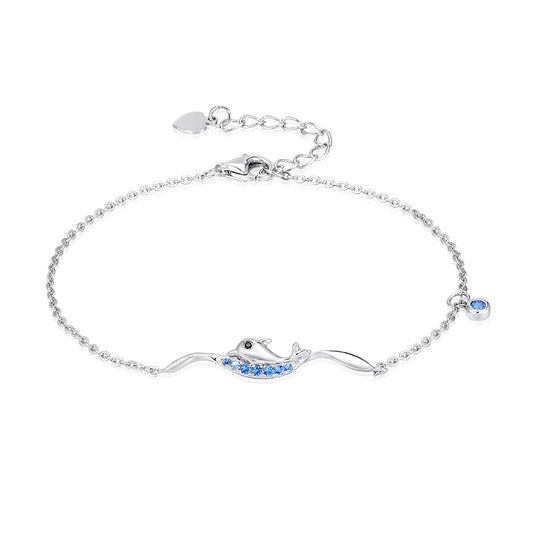 Swimming Dolphin with Blue Zircon Silver Bracelet for Women