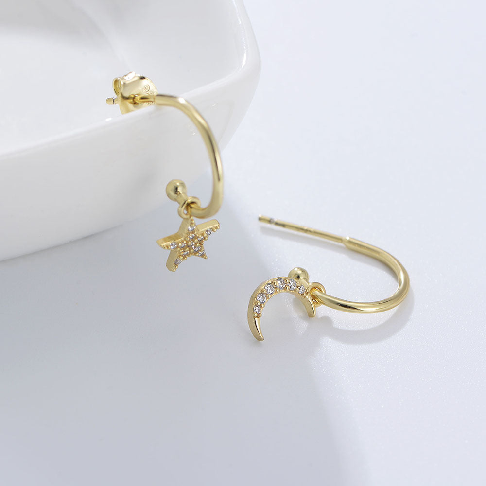 Star Moon with Zircon Pendant Silver Studs Earrings for Women