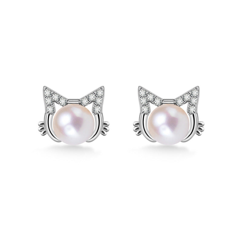 Cute Cat with Gemstone Silver Stud Earrings for Women