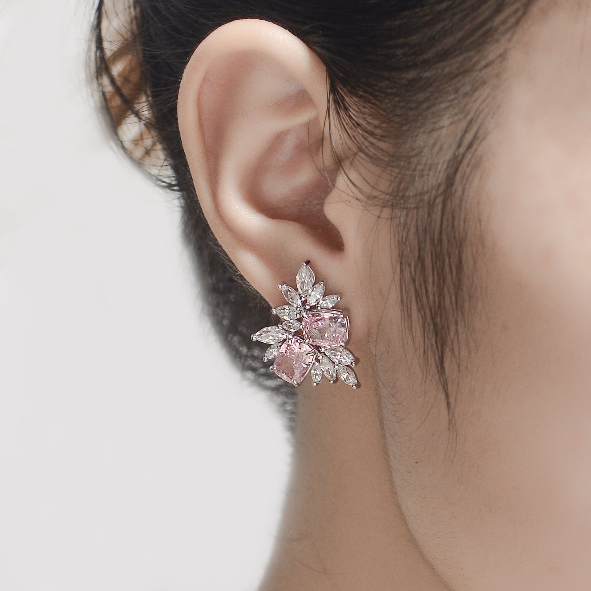 Pink Zircon 6*8mm Cushion Ice Cut Silver Studs Earrings for Women