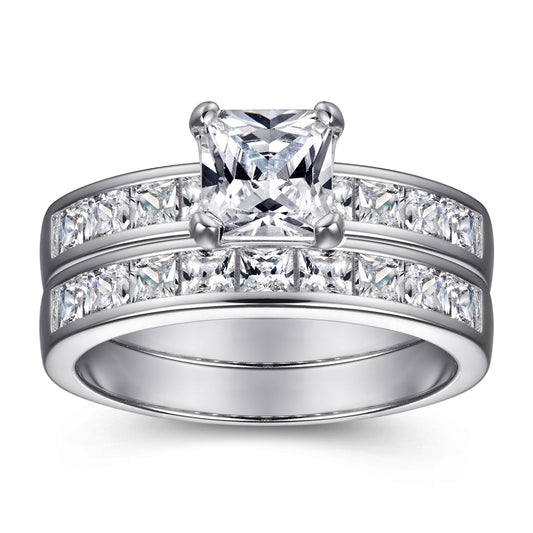 Princess Cut Zircon with Half Eternity Silver Ring Set for Women
