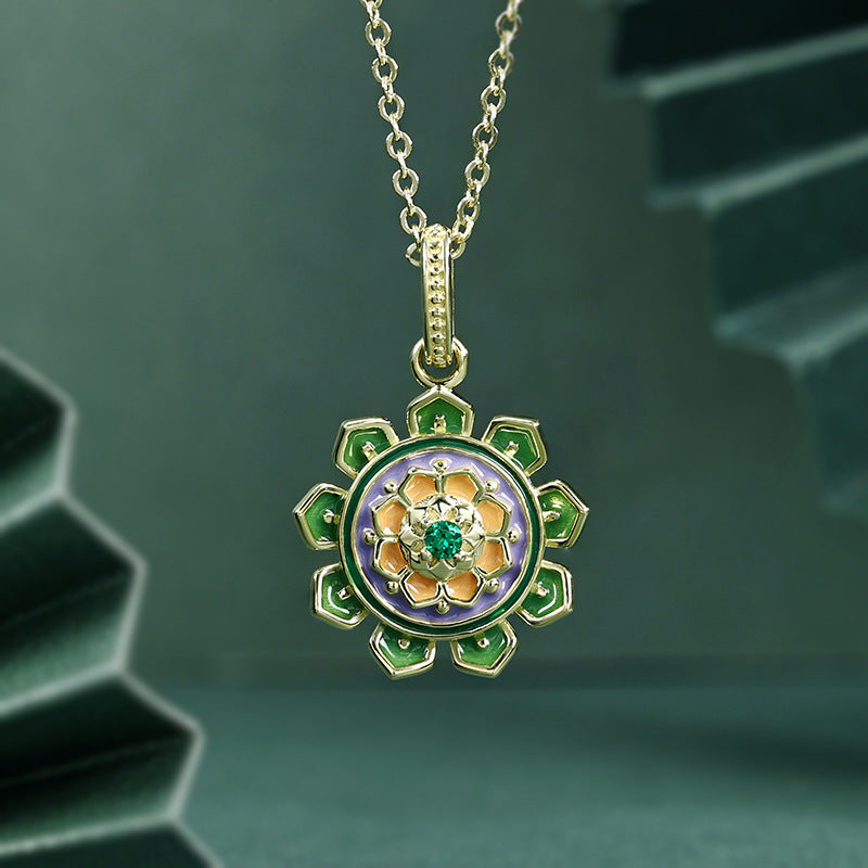Lotus Pattern Series Green Zircon Enamel Pendant Silver Necklace for Women