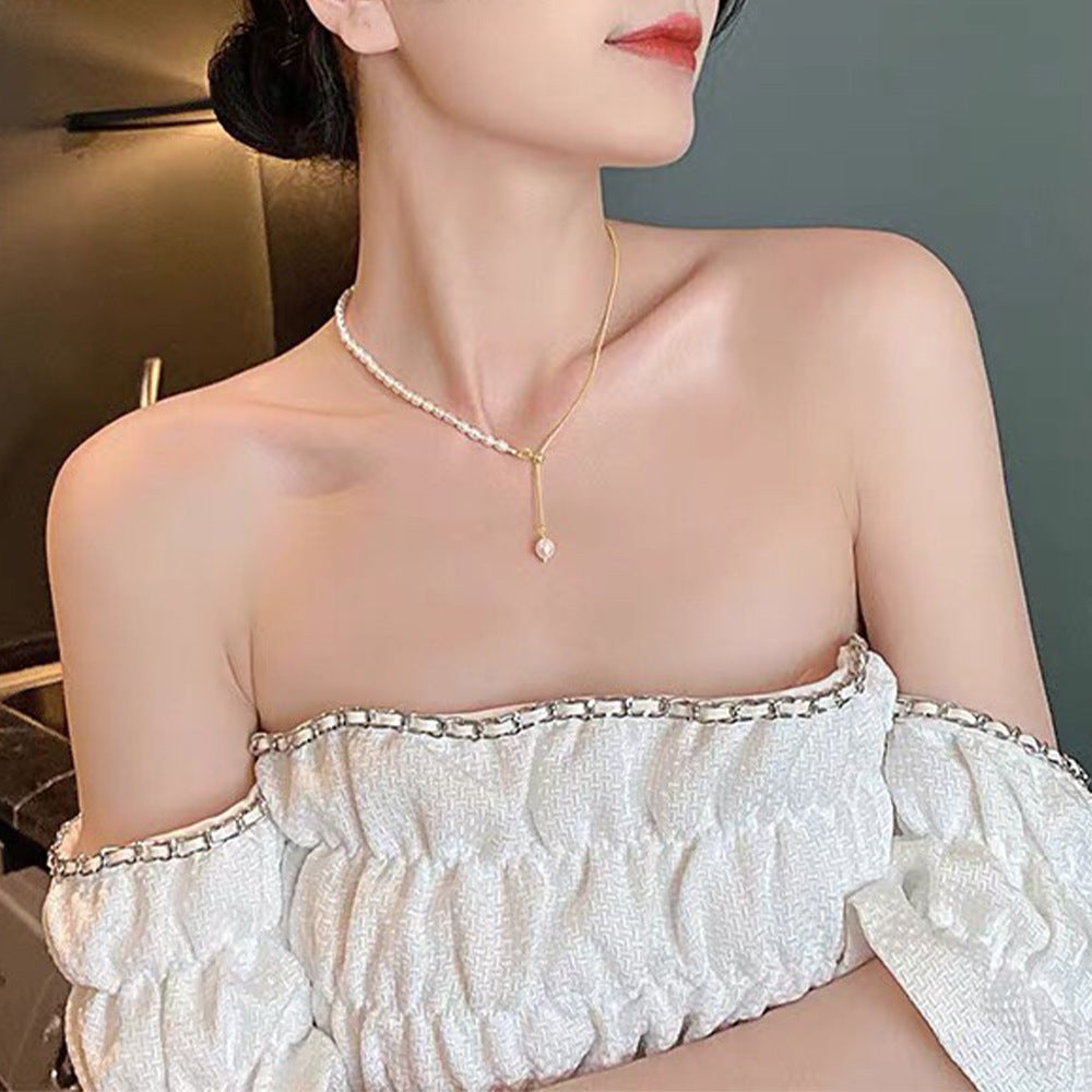 Two Colours - Natural Freshwater Pearls - Half Pearls Silver Collarbone Necklace for Women