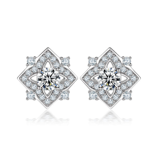 Four-leaf Clover with Round Zircon Silver Studs Earrings for Women