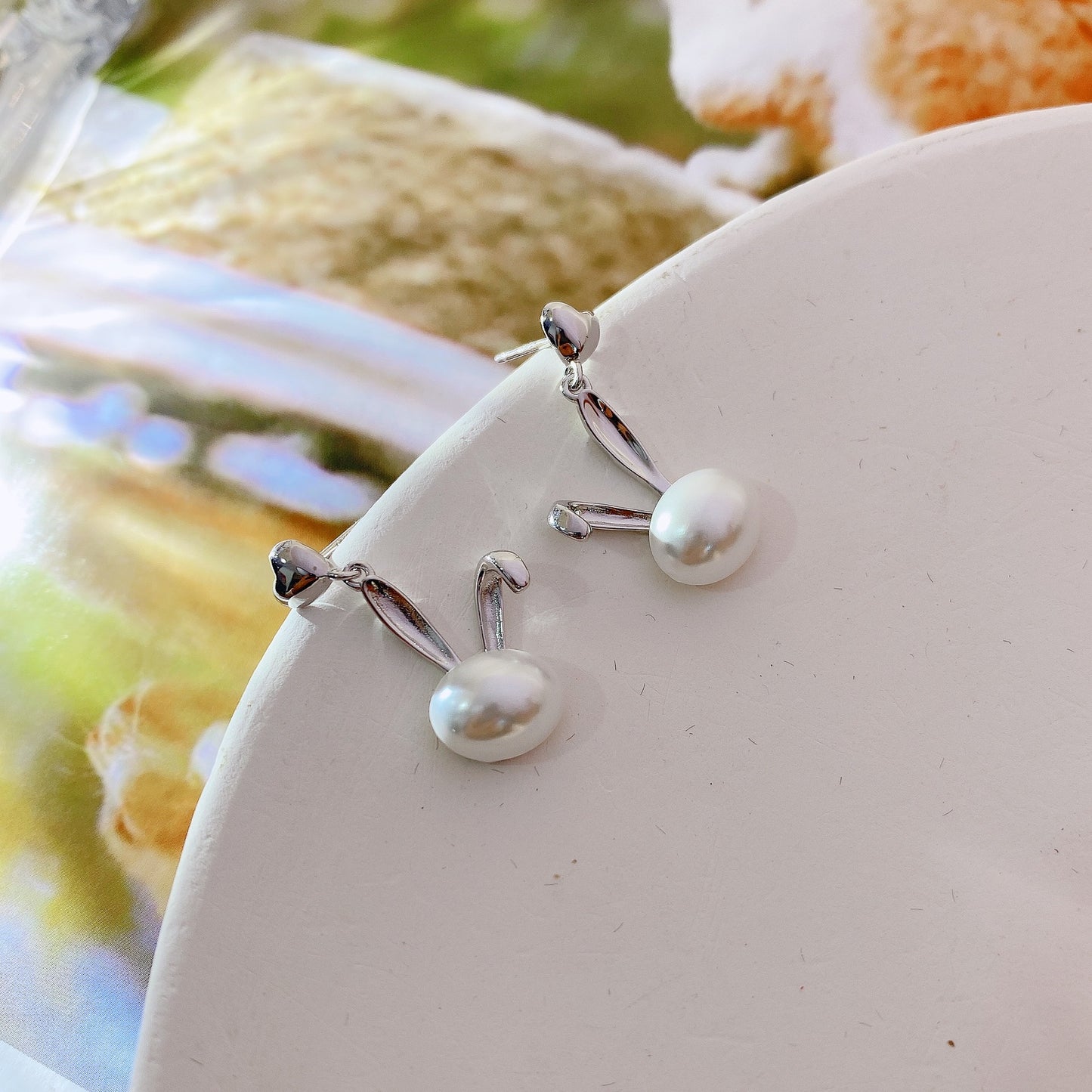 Rabbit with Oval Pearl Silver Drop Earrings for Women