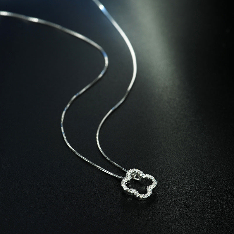 Full Zircon Lucky Clover Pendant Silver Necklace for Women