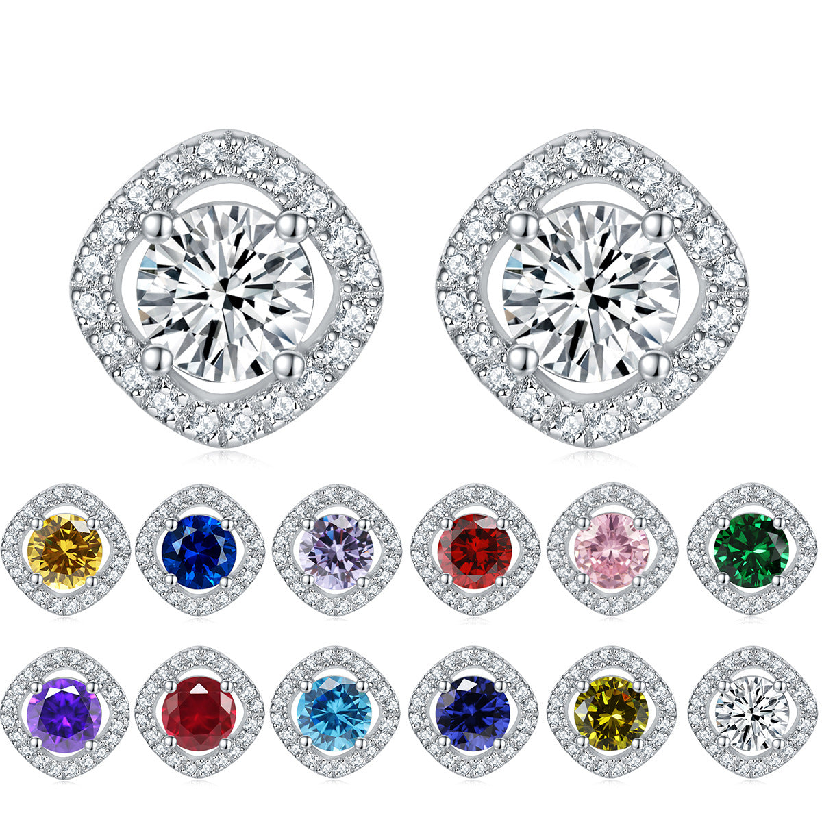 Round Zircon Square Soleste Halo Silver Studs Earrings for Women