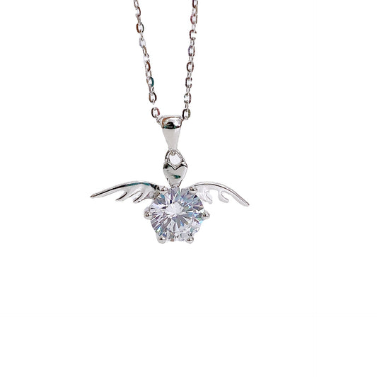 Six Prongs Round Zircon with Wings Pendant Silver Necklace for Women