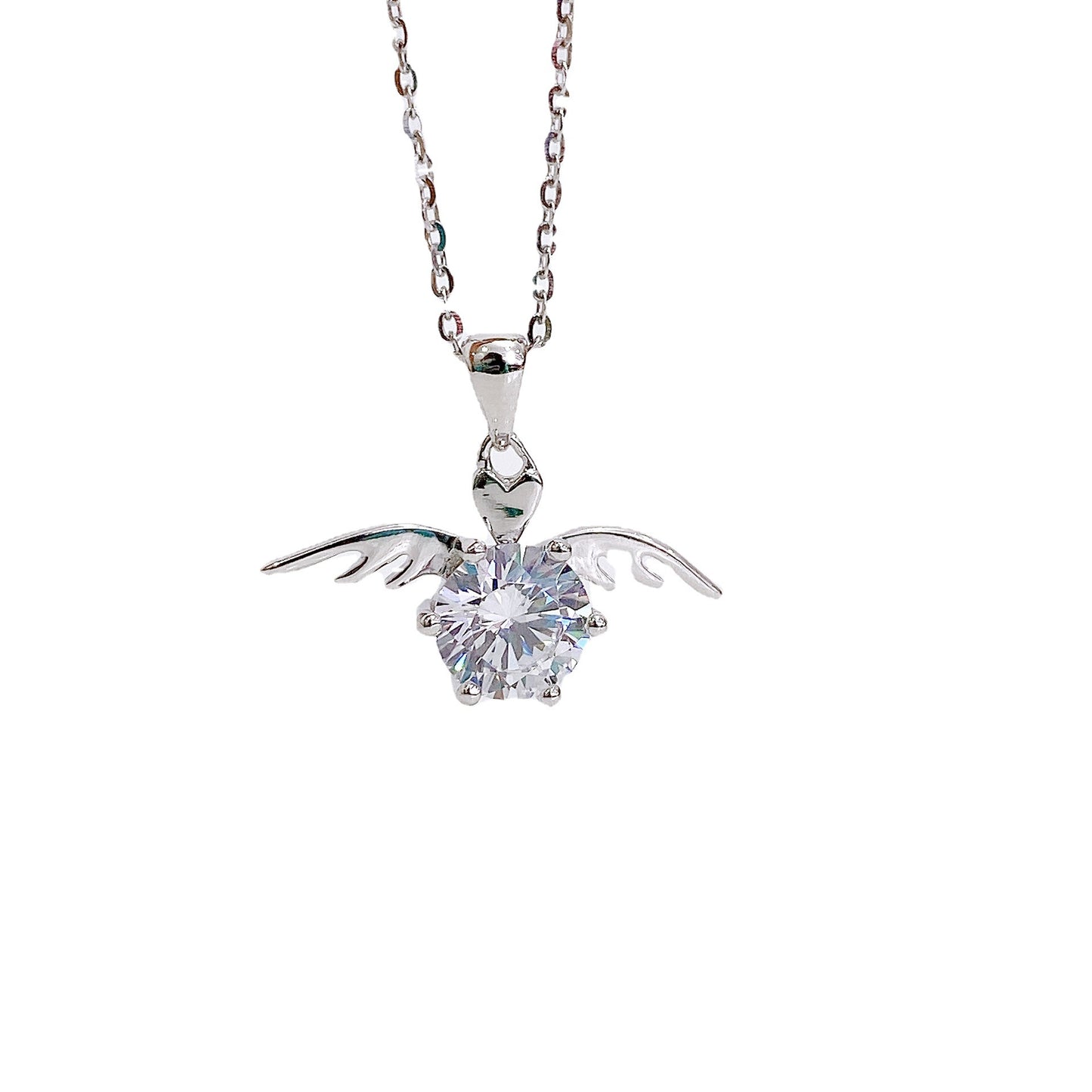 Six Prongs Round Zircon with Wings Pendant Silver Necklace for Women