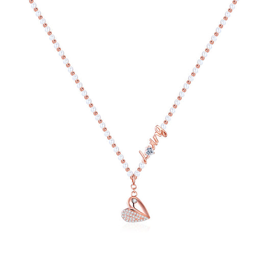 Zircon Heart-shape with Loveing Letter Beading Pearl Silver Necklace for Women