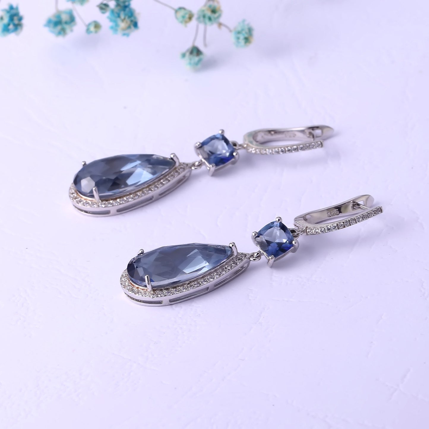 European Premium Stye Inlaid Crystal  Soleste Halo Water Droplet Sterling Silver Drop Earrings for Women