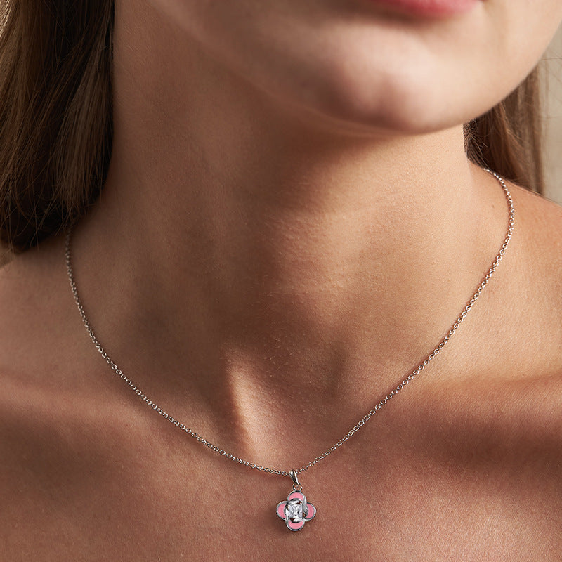 Pink Flower with Princess Cut Zircon Silver Necklace for Women