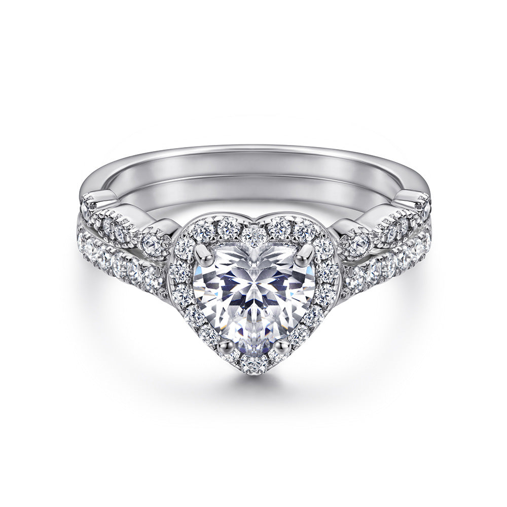 Heart-shaped Zircon Soleste Halo with Beading Silver Ring Set for Women