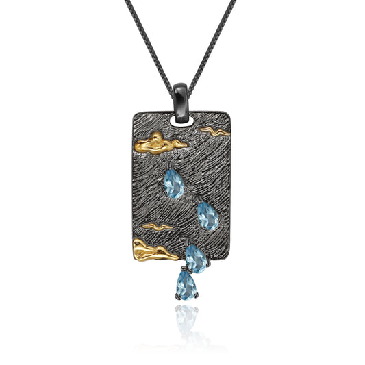 Italian Craft Retro Premium Design Natural Colourful Gemstone Rainy Rectangle Pendant Silver Necklace for Women