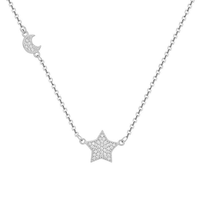 Full Zircon Star Pendant with Moon Silver Necklace for Women