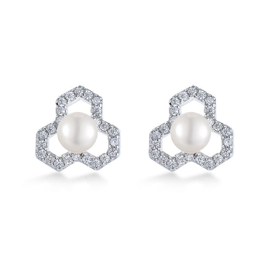 Zircon Hollow Geometric Shape with Freshwater Pearl Silver Stud Earrings for Women