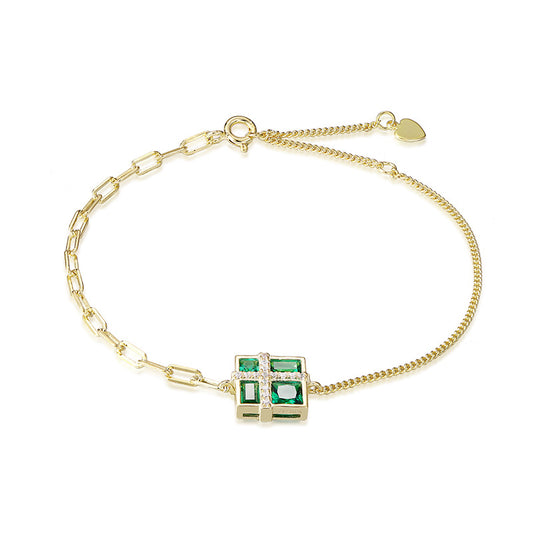 Square Green Zircon Two Style Chain Silver Bracelet for Women