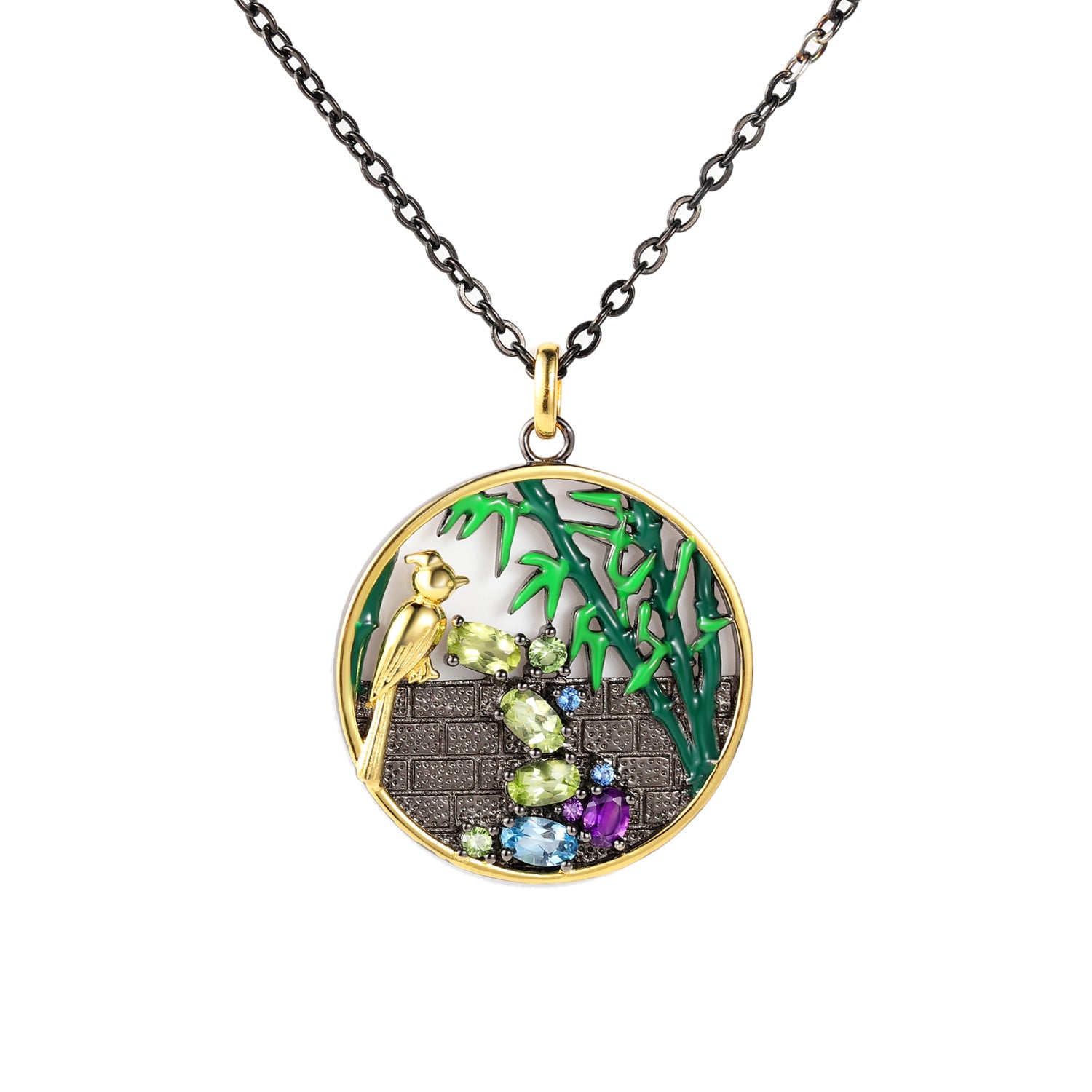 Antique Style Inlaid Colourful Gemstones Bird and Bamboo Creative Niche Pendants Silver Necklace for Women