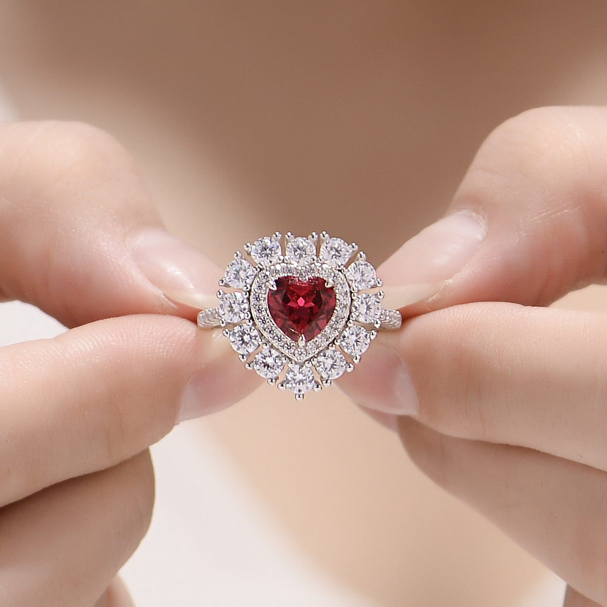 Lab-Created Ruby 7*7mm Heart Shape Soleste Halo Silver Ring for Women