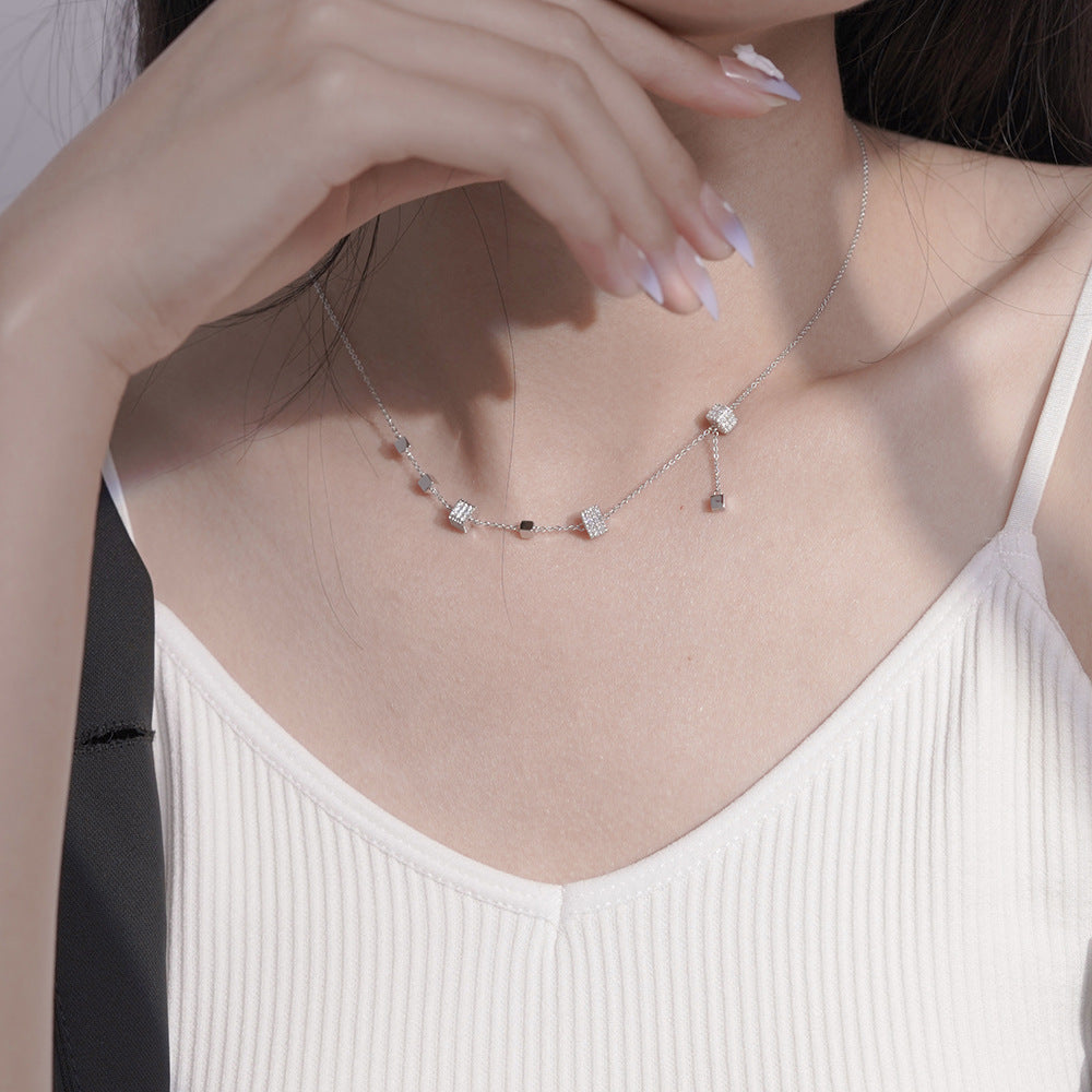 (Two Colours) White Zircon Litter Square Beading 925 Silver Collarbone Necklace for Women