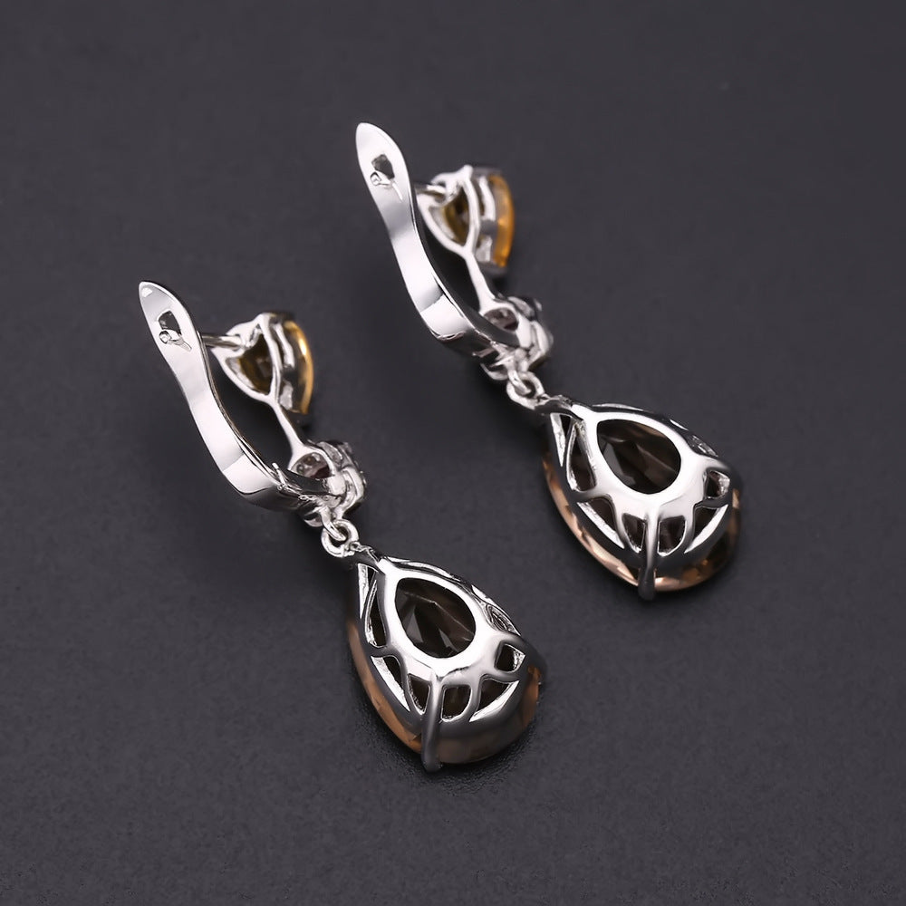 European Natural Gemstone Pear Shape Silver Drop Earrings for Women