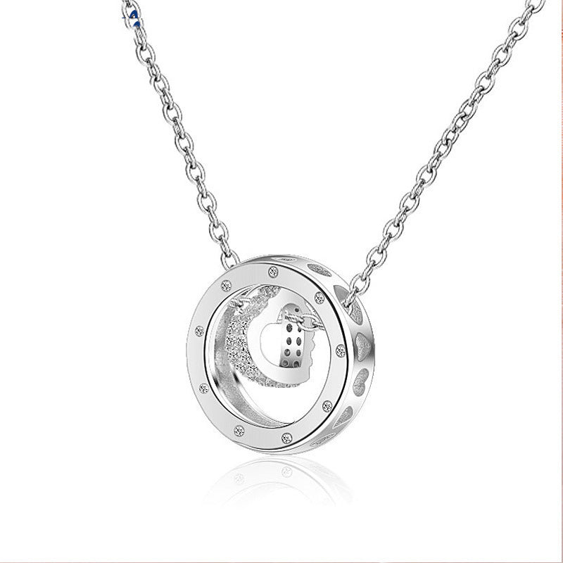Valentine's Day Gift  Zircon Circle with Heart Shape Silver Necklace for Women