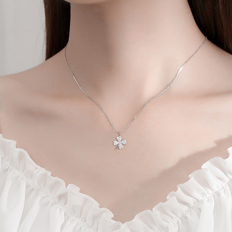 Full Zircon Lucky Clover Pendant Silver Necklace for Women