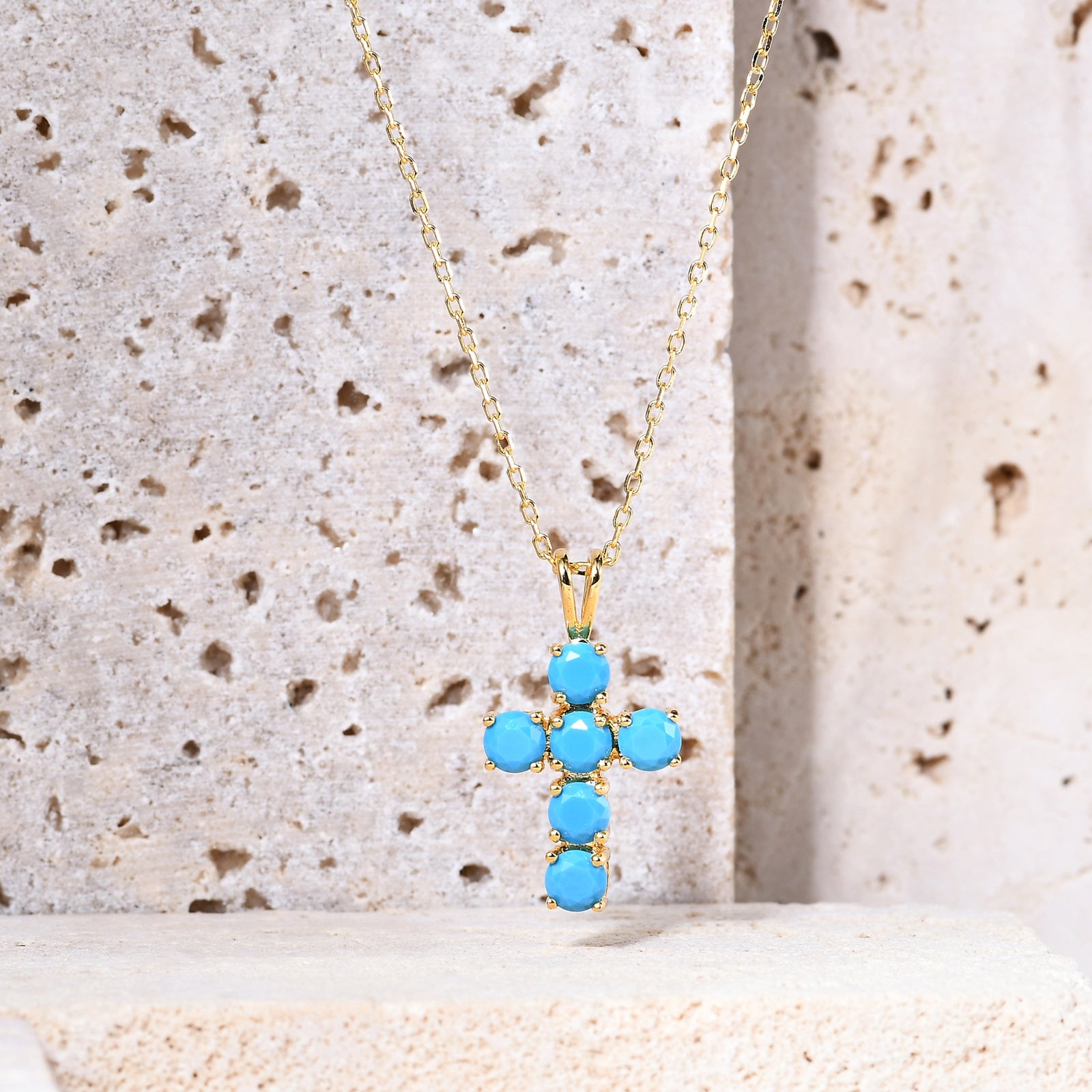 Exquisite Temperament Style Inlaid Synthetic Turquoise Cross Pendant Plated Gold Silver Necklace for Women