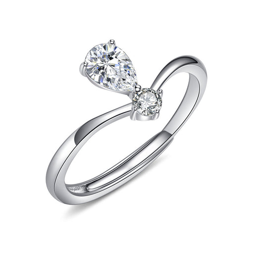 Pear Drop and Round Zircon V Shape Silver Ring for Women