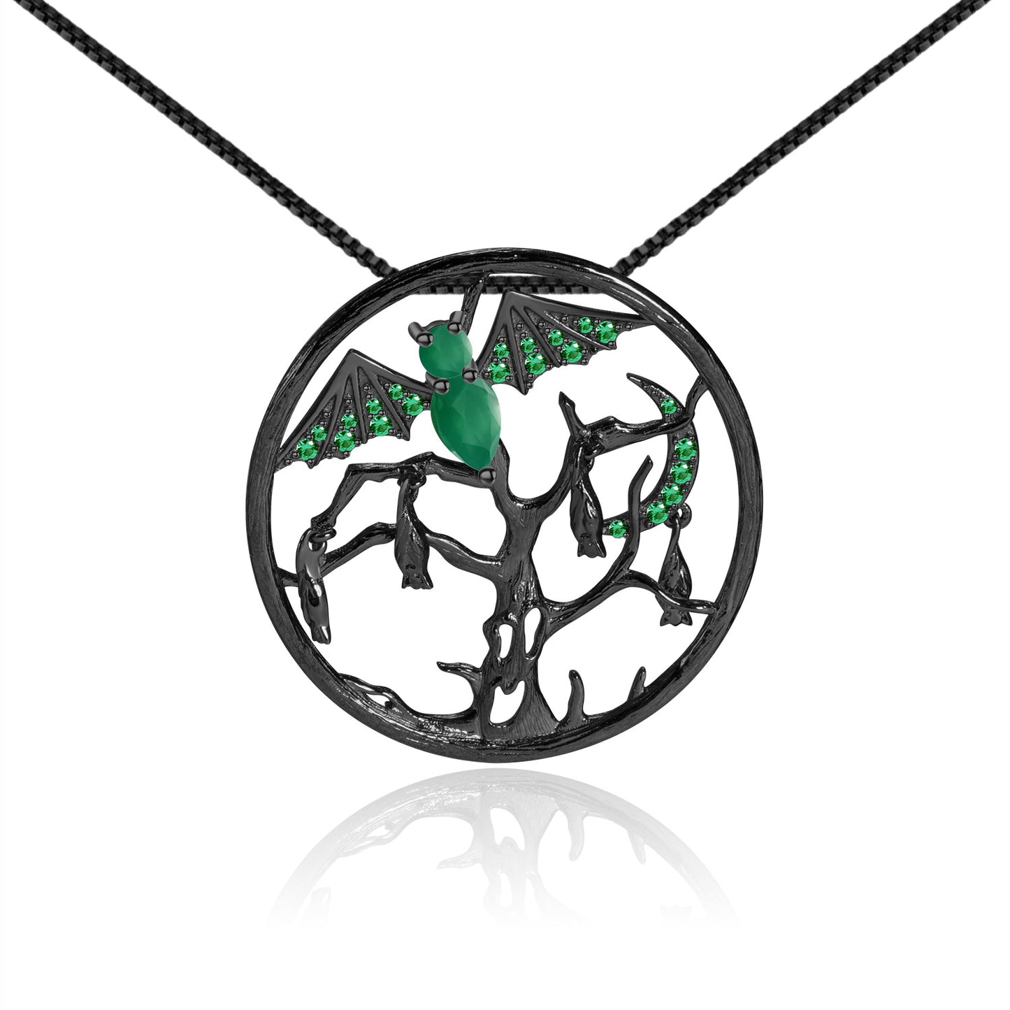 Dark Retro Design  Inlaid Green Agate with Natural Gemstone Bat Pendant Silver Necklace for Women