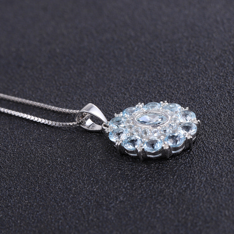 Luxury Design Sense Inlaid Natural Topaz Flower Pendant Silver Necklace for Women