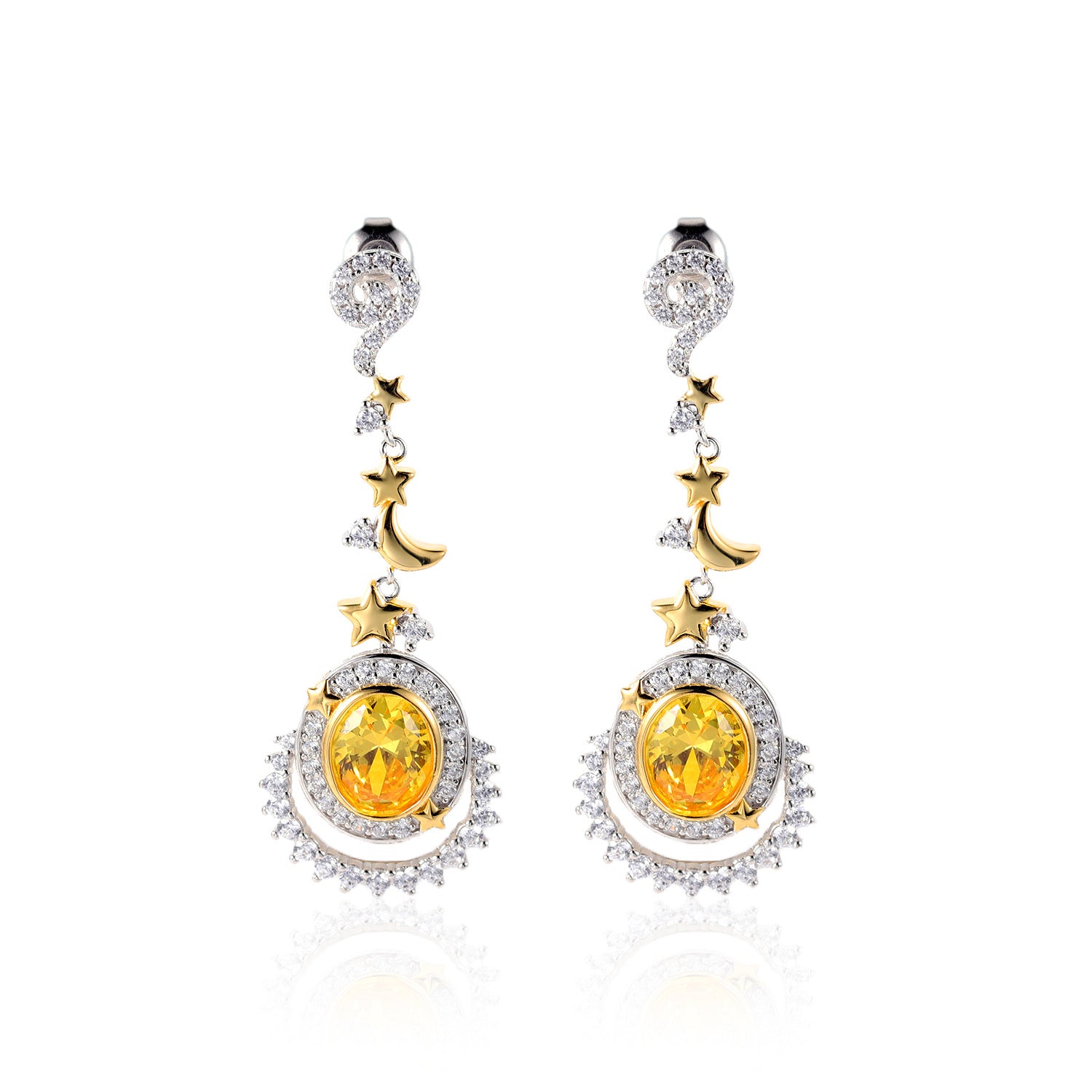 European Yellow Zircon Moonstar Oval Shape Silver Drop Earrings for Women