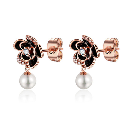 Zircon Petal Black Camellia with Pearl Silver Drop Earrings for Women